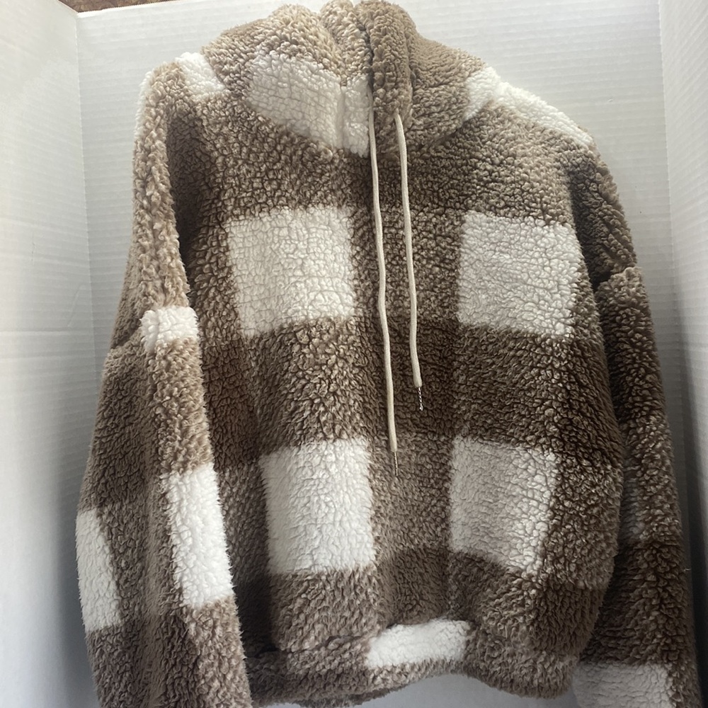 Brown plaid fuzzy soft hoodie